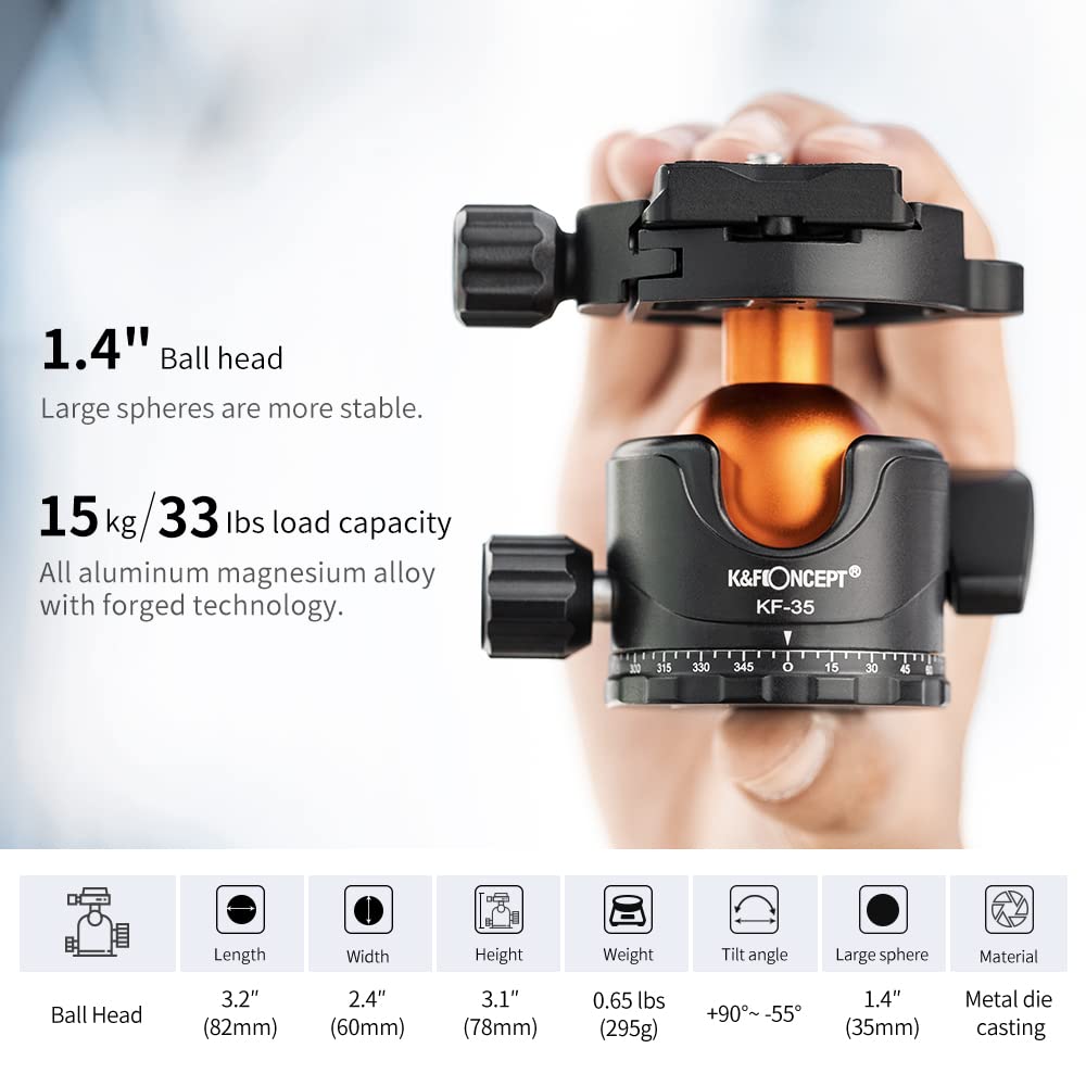 K&F Concept Trípode de Cámara, 177CM Trípode Estable Aluminio con 35mm Rótula de Bola Carga Máxima 15kg, Trípodes Fotografía Compacto con 1/4" Placa de Liberación Rápida para Cámara DSLR, Videocámara