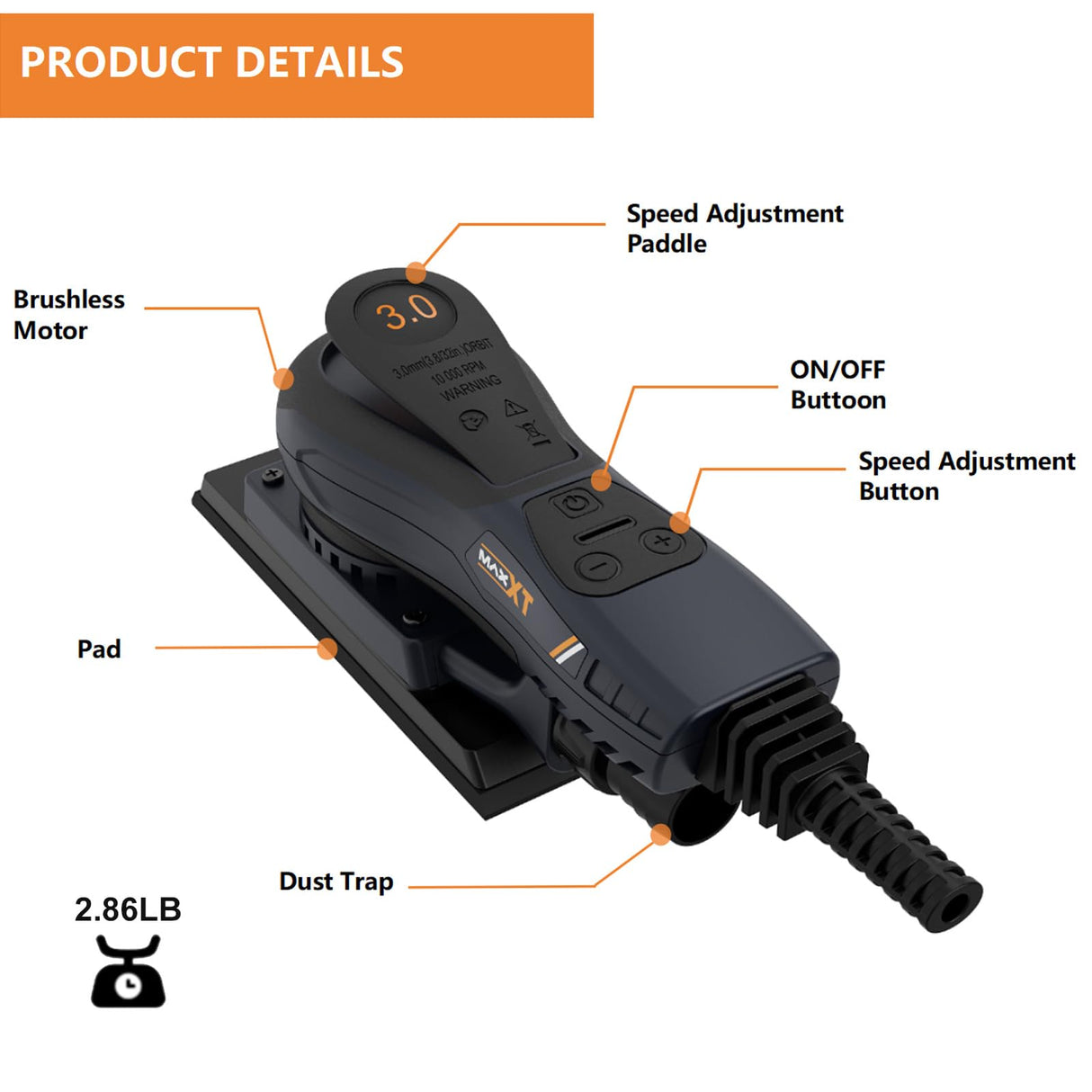Lijadora Orbital Electrica con Cable, MAXXT Lijadora Orbital Electricas sin Escobillas 3mm 350W Velocidad Ajustable 4000-10000/RPM, Incluye 15 Hojas de Papel de Lija