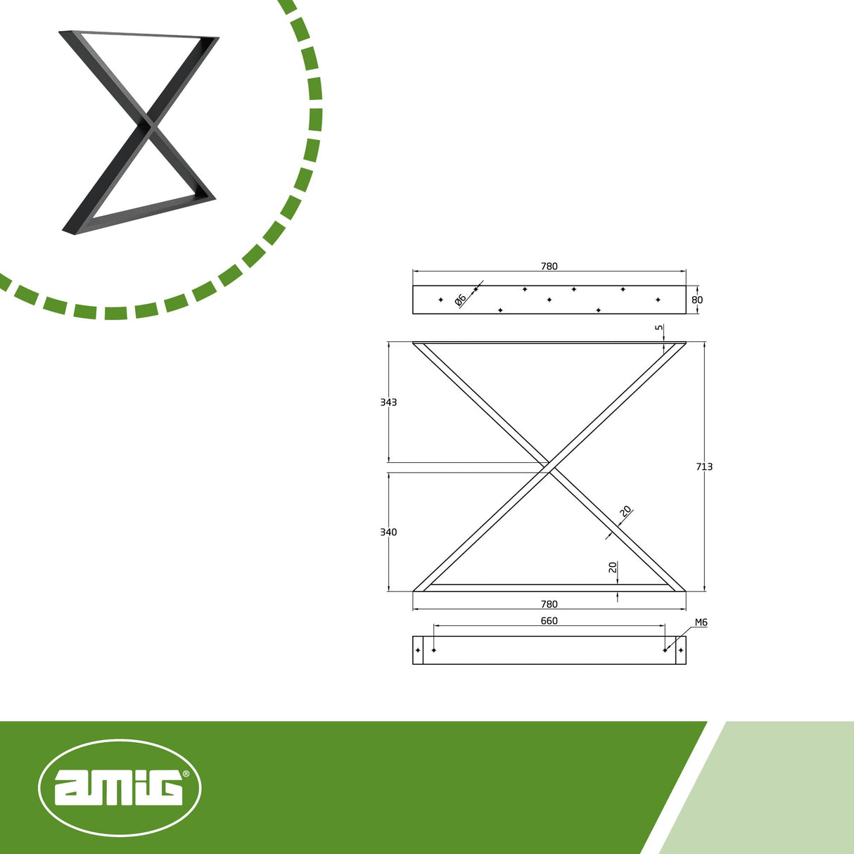 Amig - Juego de 2 Patas para Mesas de Comedor o Recibidor - Set de Patas para Mesa de Estilo Industrial - Material: Acero - 712 x 780 x 80 mm - Resistencia y Durabilidad - Acabado en Negro Mate