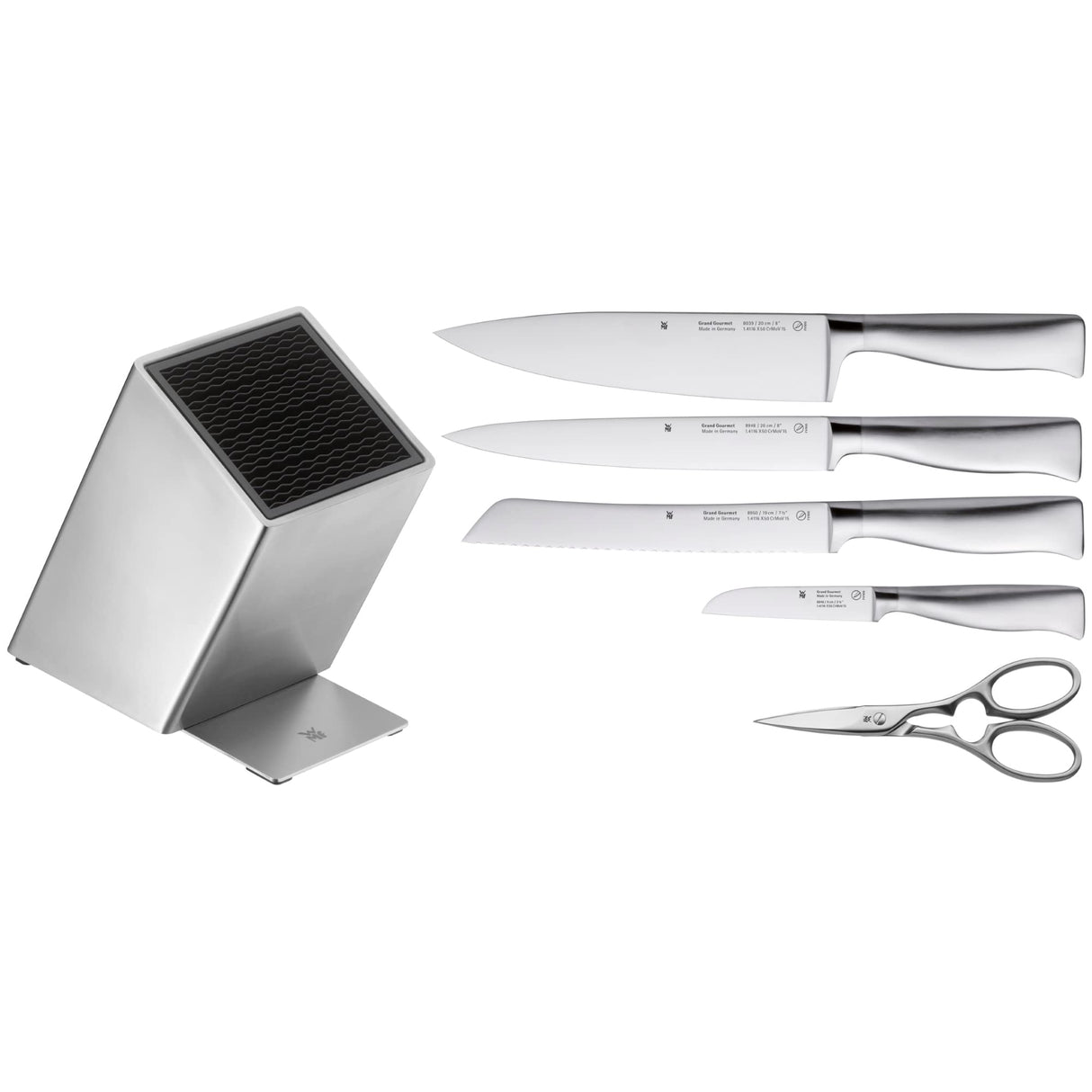 WMF Grand Gourmet - Juego 6 Piezas, 4 Cuchillos con Hoja Insertada de Acero Templado Completamente Forjado y Tijeras Multiusos con Soporte FlexTec de Acero Inoxidable