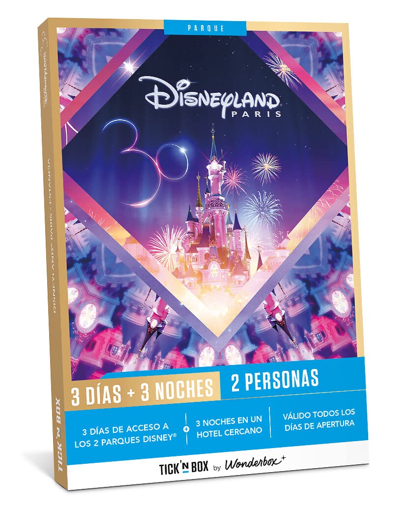 Tick&Box - Caja Regalo - 3 Días + 3 Noches - 1 Parque - Para 2 Personas - Acceso ilimitado a los 2 Parques Disney - Regalo Cumpleaños