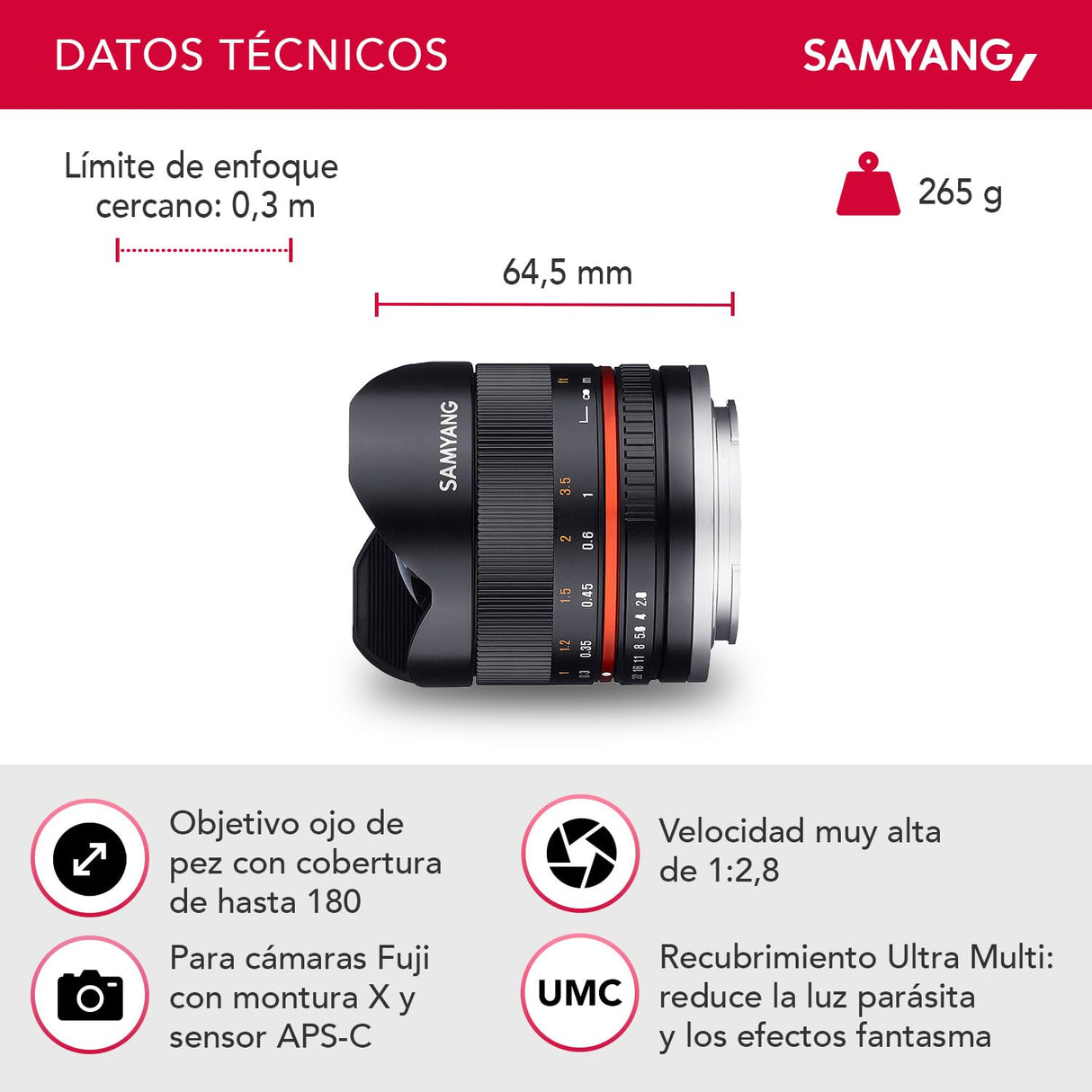 Samyang CSC-Mirrorless - Objetivo fotográfico para Fuji X (8 mm, F2.8 II UMC, ojo de pez), negro