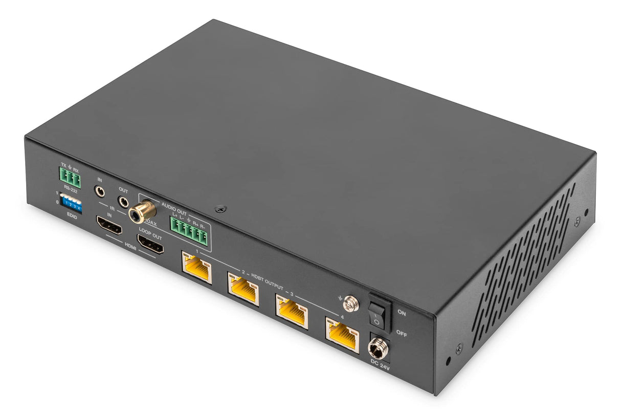 DIGITUS DS-55510 HDMI Extensor/Divisor HDMI 1:4 (HDBaseT) - UHD 4K/60 Hz - 120 m a través de cable LAN (HDBaseT 100 m) - Set: Transmisor y Receptor - Loop-Out, IR Infrarrojos, Audio, EDID, RS232