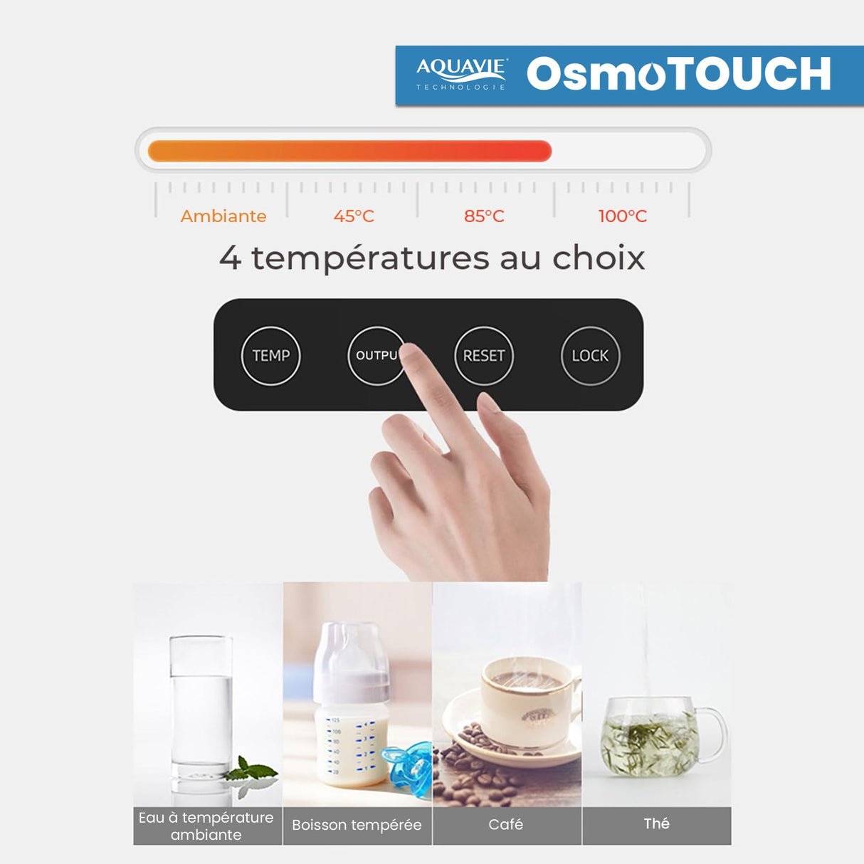 Aquavie Technology - OsmoTOUCH - Fuente de agua purificada por ósmosis inversa y esterilización - Dispensador instantáneo de agua templada y caliente - Depósito de 4,5 L
