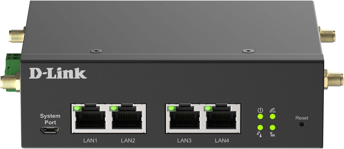 D-Link DWM-314-G Modem Industrial Router 5G VPN M2M, Rugged NR, Dual SIM, IoT Gateway, Remote Monitoring, SA, NSA, 4G LTE Cat 19, 4 GbE Ports, OpenVPN/WireGuard Client, 9-36V DC