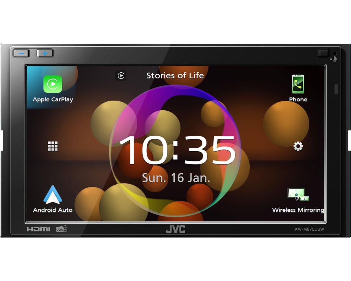 JVC KW-M875DBW - Receptor Multimedia AV de 17,3 cm (6,8") con CarPlay inalámbrico y Android Auto (4x50W, Dab+/FM, Bluetooth, 3 pre-Salidas de 4V, USB-C, Control de iPod/iPhone).