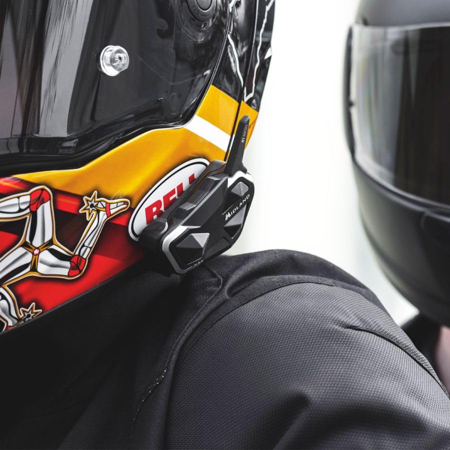 MIDLAND - R1 Mesh Intercomunicador Casco Moto, 2 Auriculares Inalámbricos Bluetooth + Mesh, Waterproof IPX6, Alcance 500m, 23H, Audio RCF, Stereo Background, Compatible con TFT y Radio FM, 6 Personas