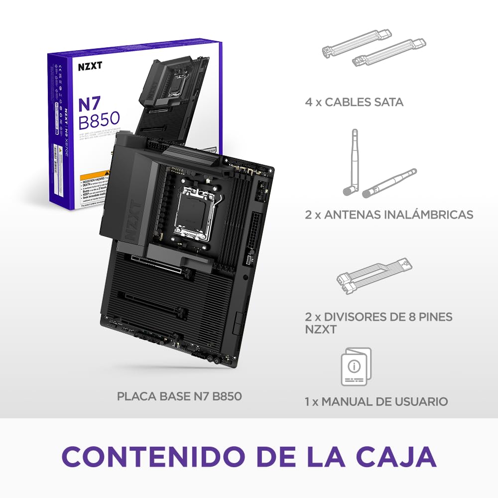 NZXT N7 B850 - Placa Base Gaming AMD B850 AM5 ATX para Ryzen 9000/8000/7000-16+2+1, DDR5, 3X M.2, PCIe 5.0, Wi-Fi 6E, LAN 2.5GbE, USB 4 – M.2 NVME con Cierre rápido – Cubierta Completa – Negro