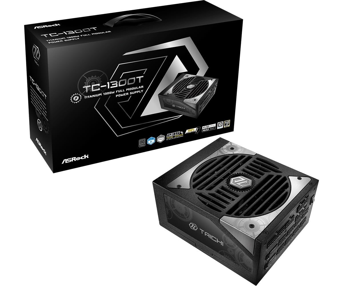 Fuente ALIMENTACION ASROCK TC-1300T,PSU,1300W,80 Plus Titanium,135MM,Modular,PCI-E 5.1 (12+4pin) x2,PCI-E (6+2 Pin) x8,SATA (5 Pin) x9