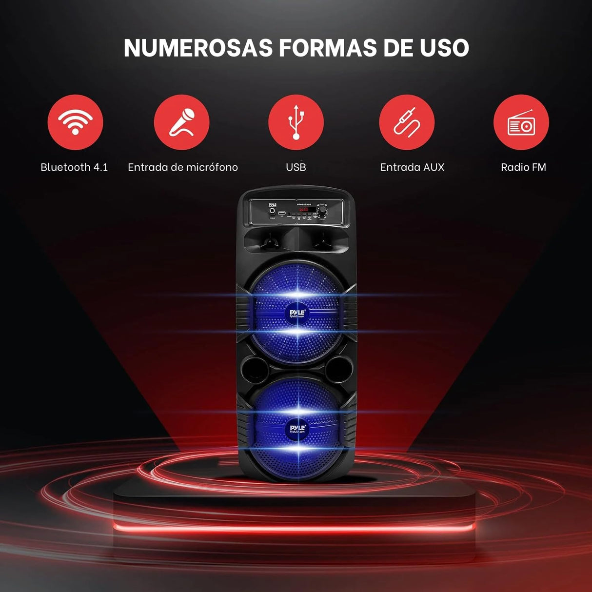 Pyle sistema de altavoces, PA, 600W, Bluetooth, Portatil, Recargable, Interiores, Exteriores, Subwoofer de 8”, Tweeter de 1”, función de grabación, micrófono, luces de fiesta, Radio USB/SD, Negro