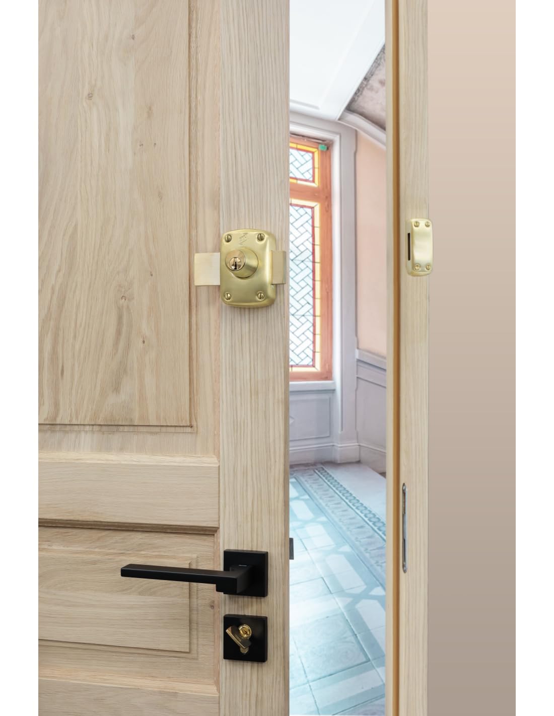 FTH - Cerradura de puerta FTH M60 doble entrada, cilindro de 45 mm, maletero y cerrojo latón, 3 llaves dentadas