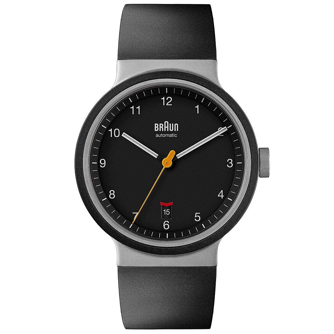 Braun Automatic 3-Hand 40mm Mens Watch with Date Analogue Watch, Rubber Strap, 40mm Stainless Steel Case with Black Dial, Model BN0278BKBKG.