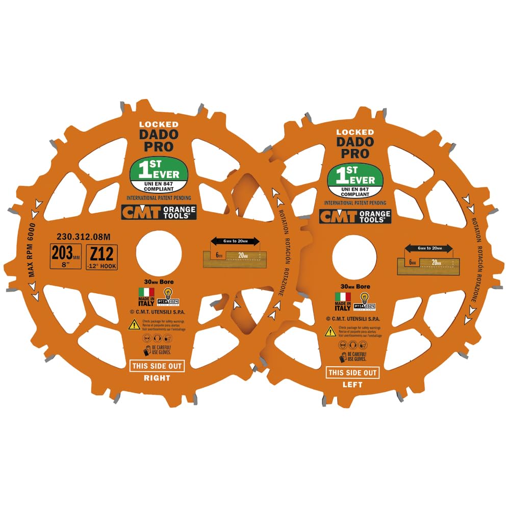 CMT 230.312.08M Juego de cuchillas encastradas (Dado 8in) HW D=203 B=30 Z12 FTGATB PTFE, Naranja.