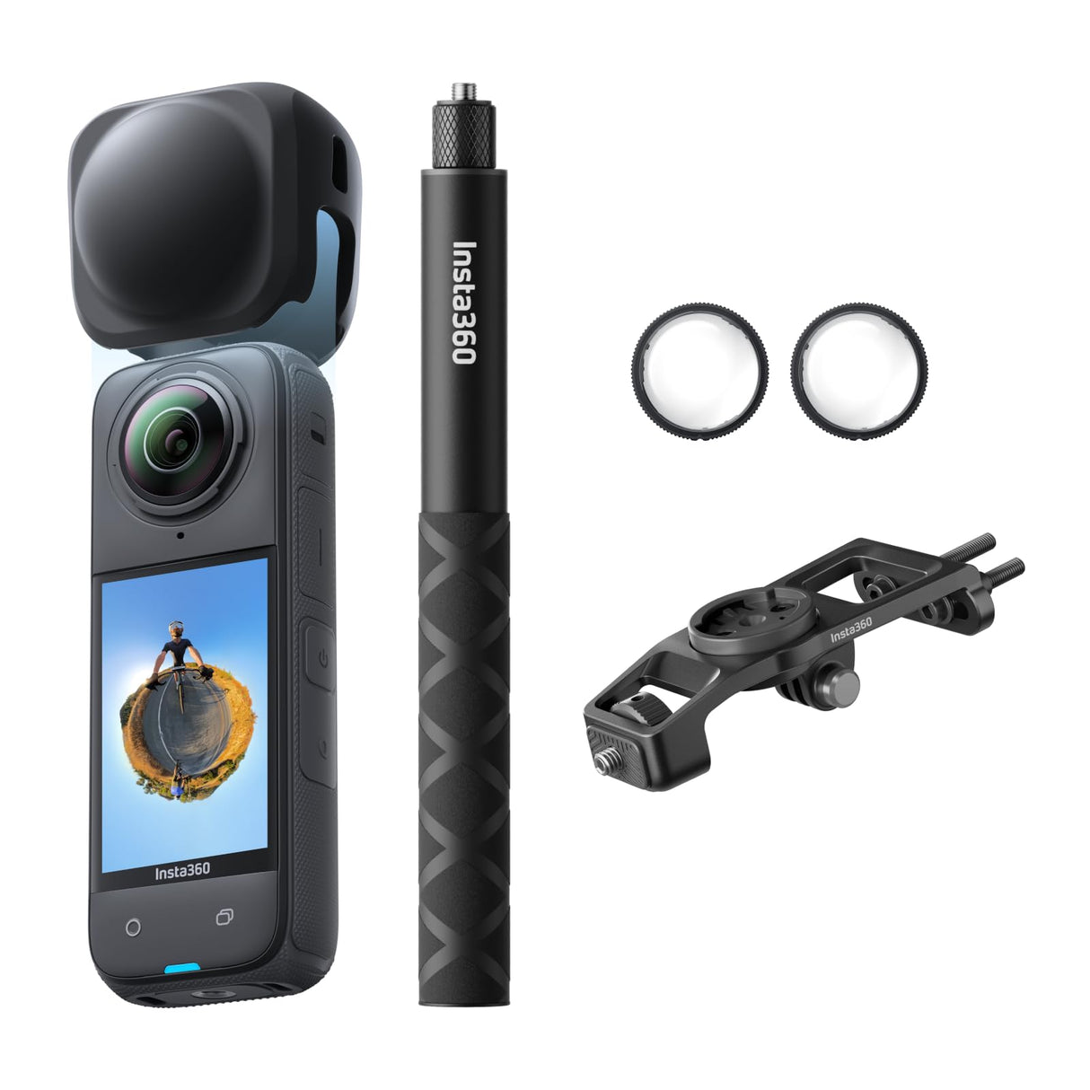Insta360 X4 Paquete de Ciclismo en Carretera (Independiente) - Cámara de acción Impermeable 8K 360, Vídeo 4K Gran Angular, Efecto Selfie Stick Invisible, Protectores de Lente Extraíbles