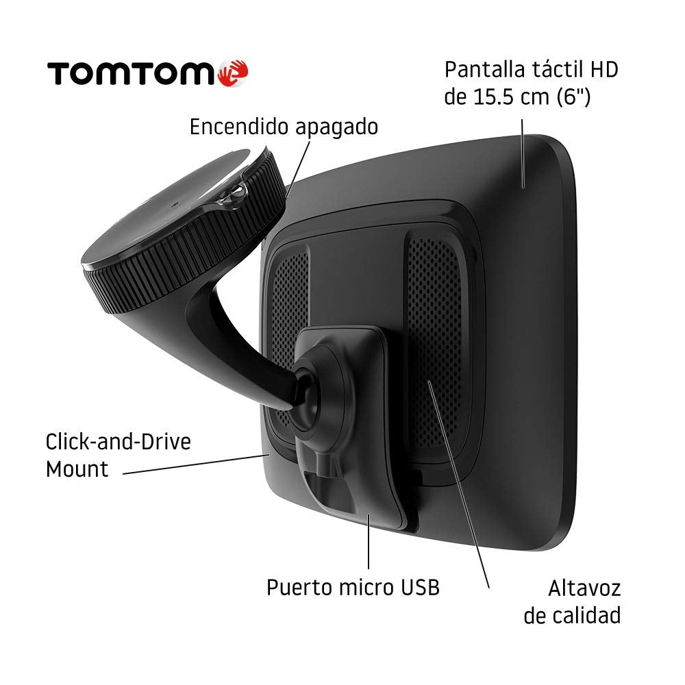 TomTom GPS para coche GO Discover, 6 pulgadas, con tráfico y radares, mapas del mundo, actualizaciones rápidas via WiFi, disponibilidad de parking, precios de combustible, soporte Click-Drive
