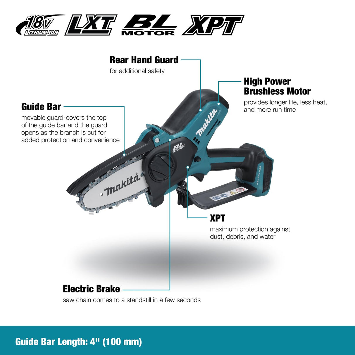 Makita DUC101Z - Sierra de podar sin escobillas, 18 V, iones de litio, LXT de 100 mm, baterías y cargador no incluidos