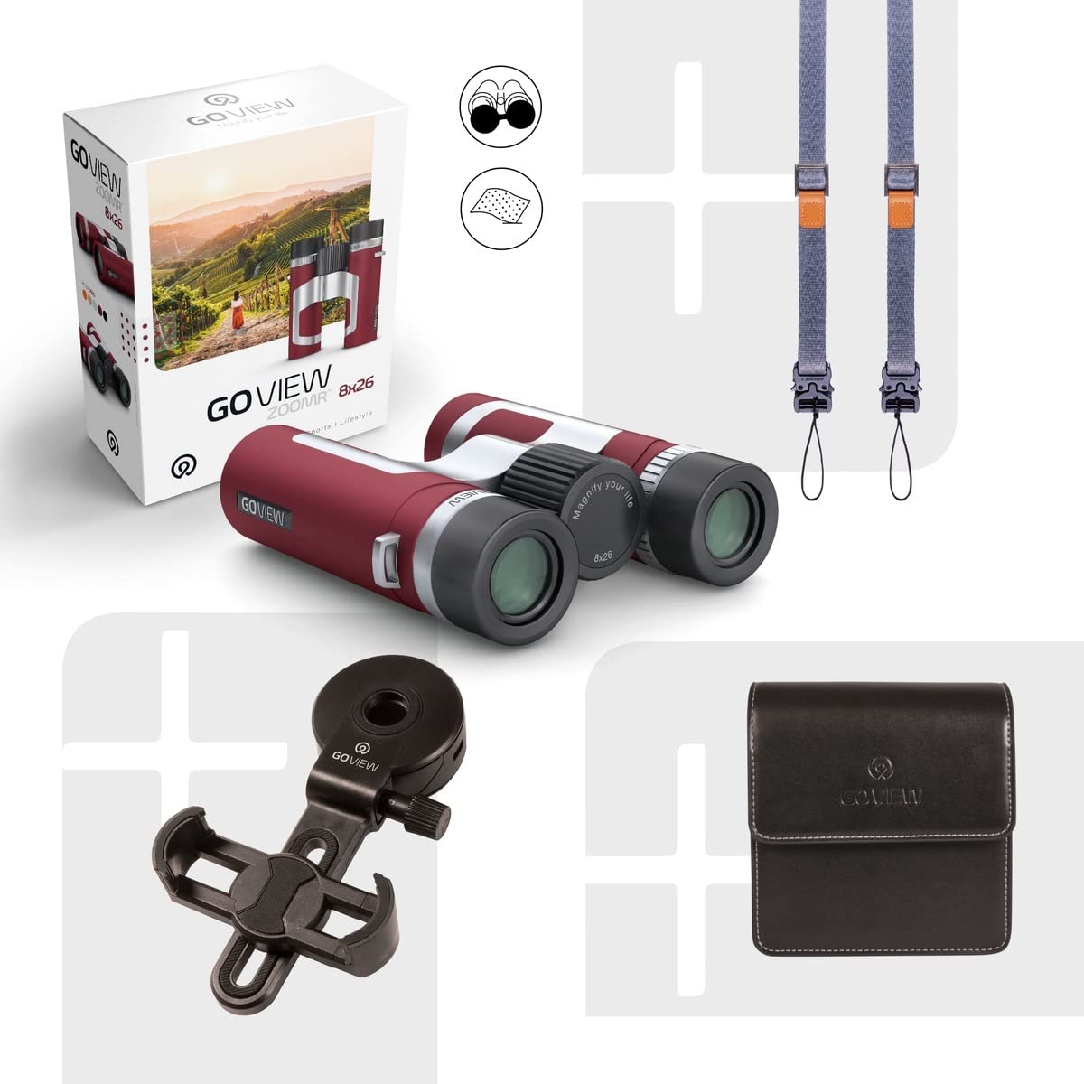 GoView ZOOMR 8x26 prismáticos pequeños y Ligeros (Aumento de 8X, Carcasa de magnesio, Incluye Adaptador para Smartphone y Accesorios) Ruby Roja