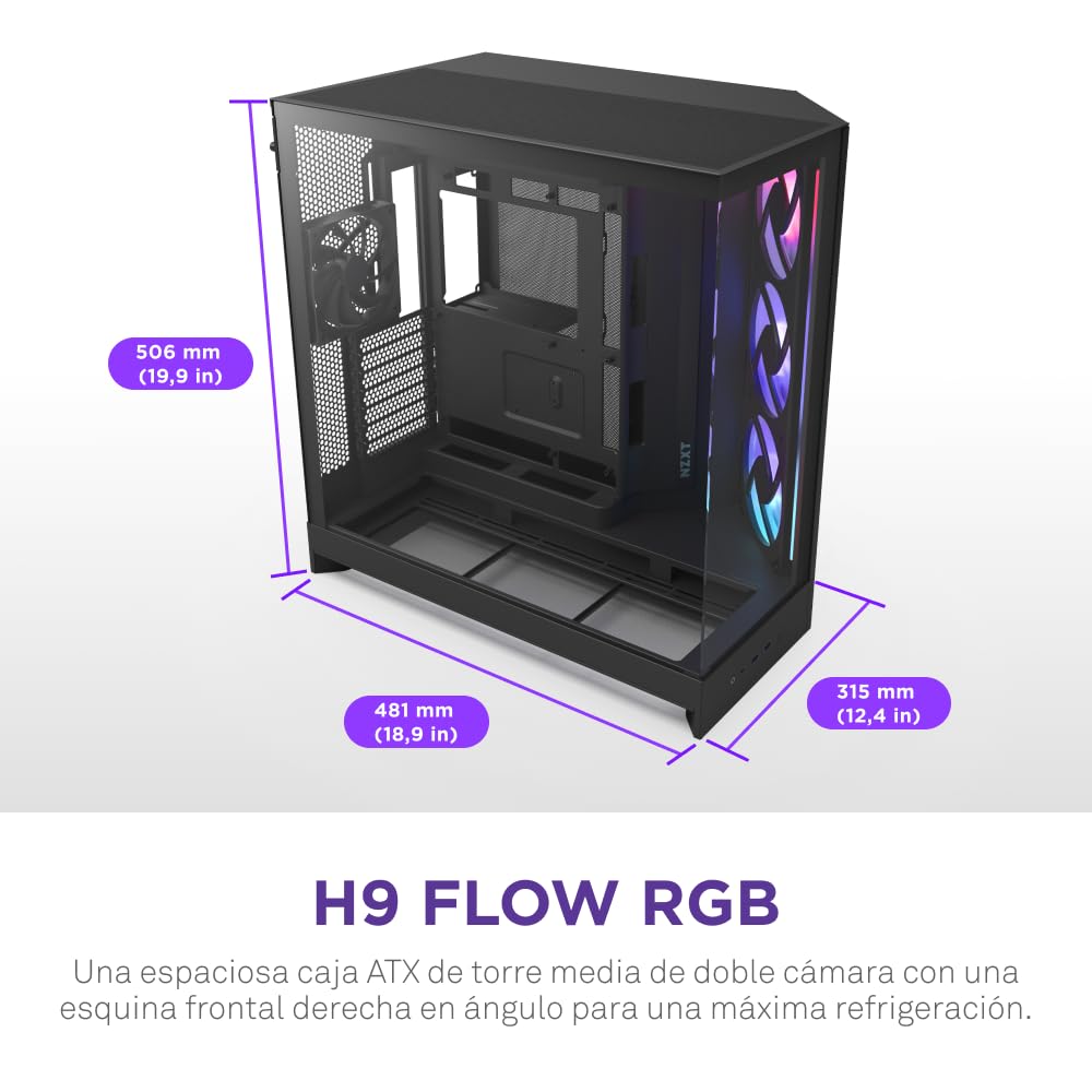 NZXT H9 Flow RGB (2025) – Caja de PC ATX de Torre Media de Gran Flujo de Aire de Doble Cámara – Incluye 1 x Unidad de Ventilador RGB de 420mm y 1 x Ventilador de 120mm – Negro