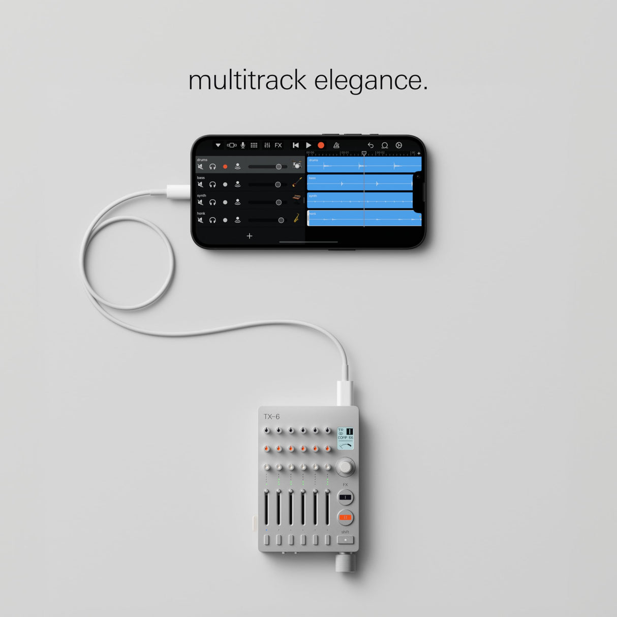 Teenage Engineering TX–6 Mezclador portátil con 6 canales estéreo e interfaz de audio USB con batería recargable de 8 horas, midi BLE y USB, compatible con iOS