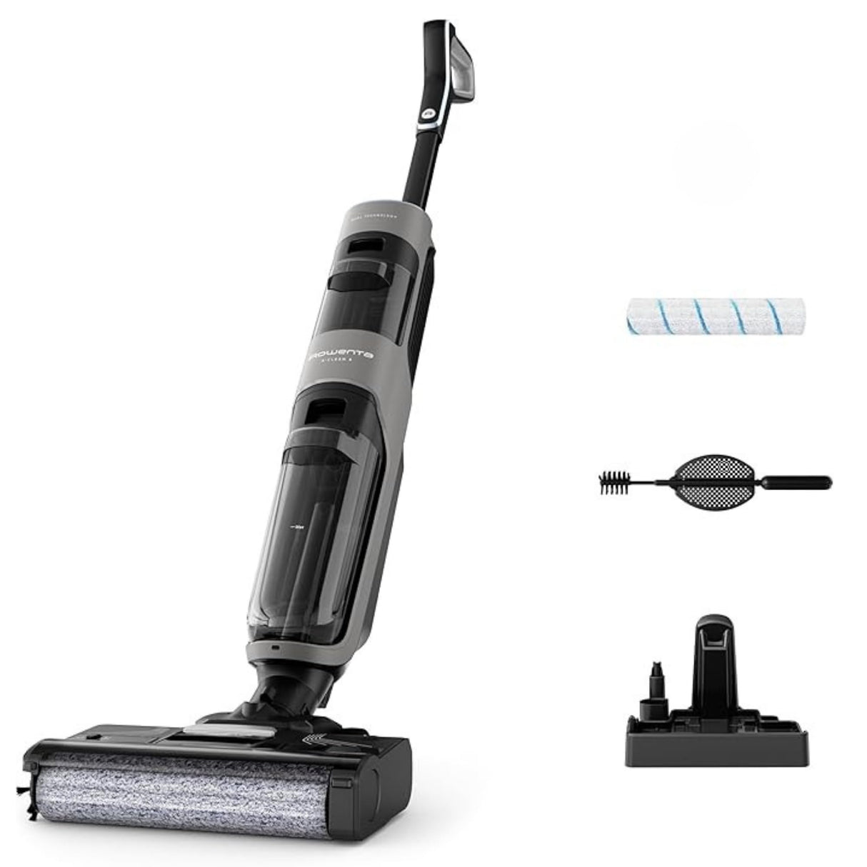 Rowenta X-Clean 4, Fregona Eléctrica Sin Cable, 2 en 1 Aspira y Friega a la vez, 200 W, Pantalla De Control Inteligente, Ajuste Automático De Limpieza: Eco, Auto Y Max, Gris, GZ5036WO