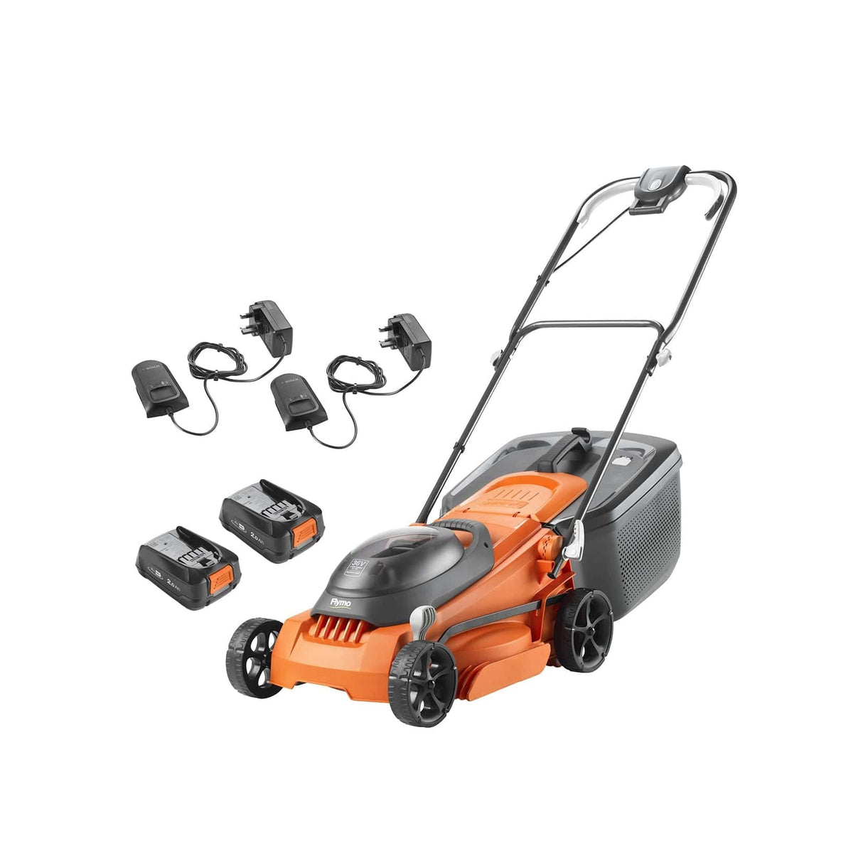 Flymo EasiStore 380R - Kit de cortacésped con batería Li, 36 V, 38 cm de Ancho de Corte, Corte de Borde cercano, Rodillo Trasero, 45 L, Power 4 All Battery Alliance, 970538501, Naranja y Gris