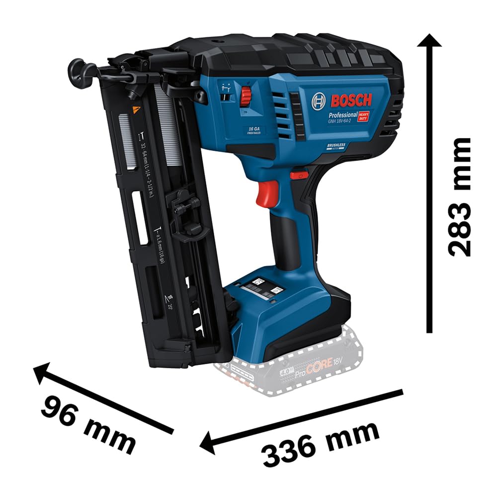 Bosch Professional 18V System clavadora madera batería GNH 18V-64-2 (modo disparo simple, apto para clavos: 32-64 mm, 1,8 mm y ángulo clavado de 20°, sin baterías ni cargador)
