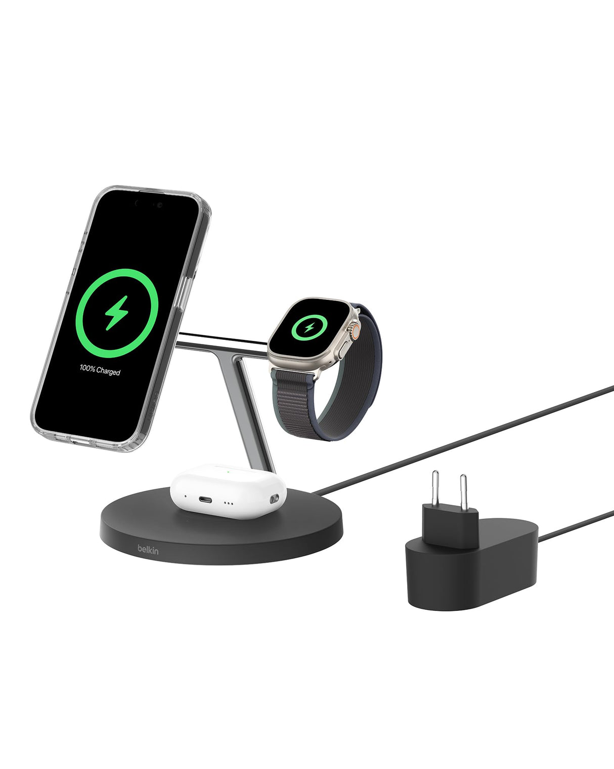 Belkin BoostCharge Cargador Qi2 3 en 1, estación de Carga inalámbrica con MagSafe, Base de Carga Qi2 para iPhone 16 Series, Apple Watch, AirPods, Soporte Antideslizante, Fuente de alimentación, Negro