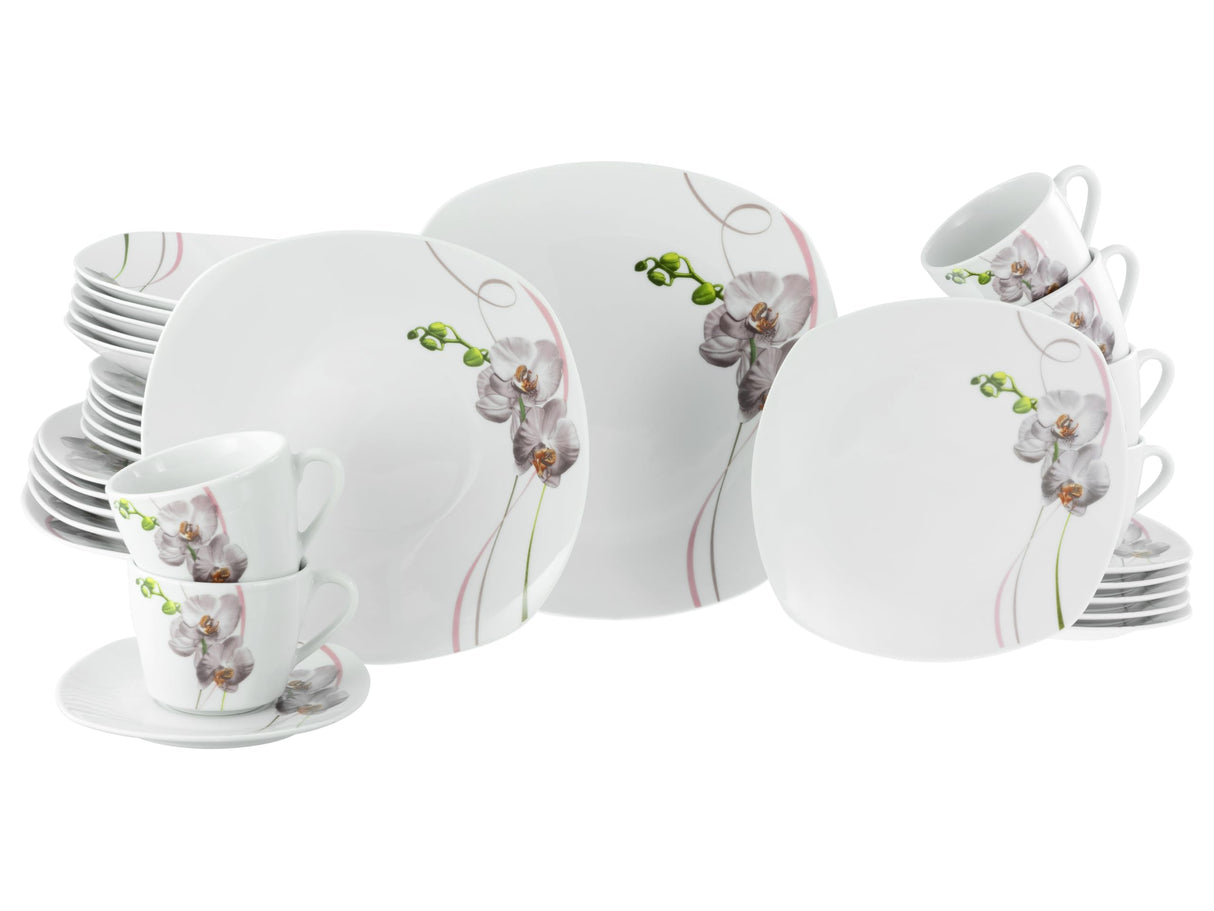 CreaTable, 24026, Serie Square Orchidee, 30-teiliges Geschirrset für 6 Personen, Kombiservice aus Porzellan, spülmaschinen- und mikrowellengeeignet, Qualitätsproduktion
