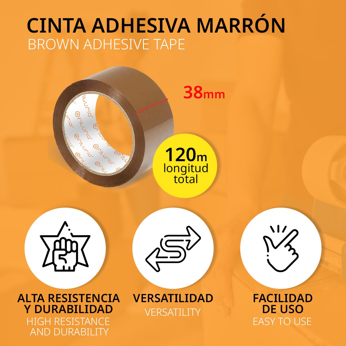OFITURIA Cinta de Embalar, Cinta Adhesiva Marrón, Cinta para Embalaje de Cajas Mudanza y Envíos, Cinta Adhesiva para Embalar, Precinto Embalar Seguro y Resistente (38mmx120m, 96 cintas)