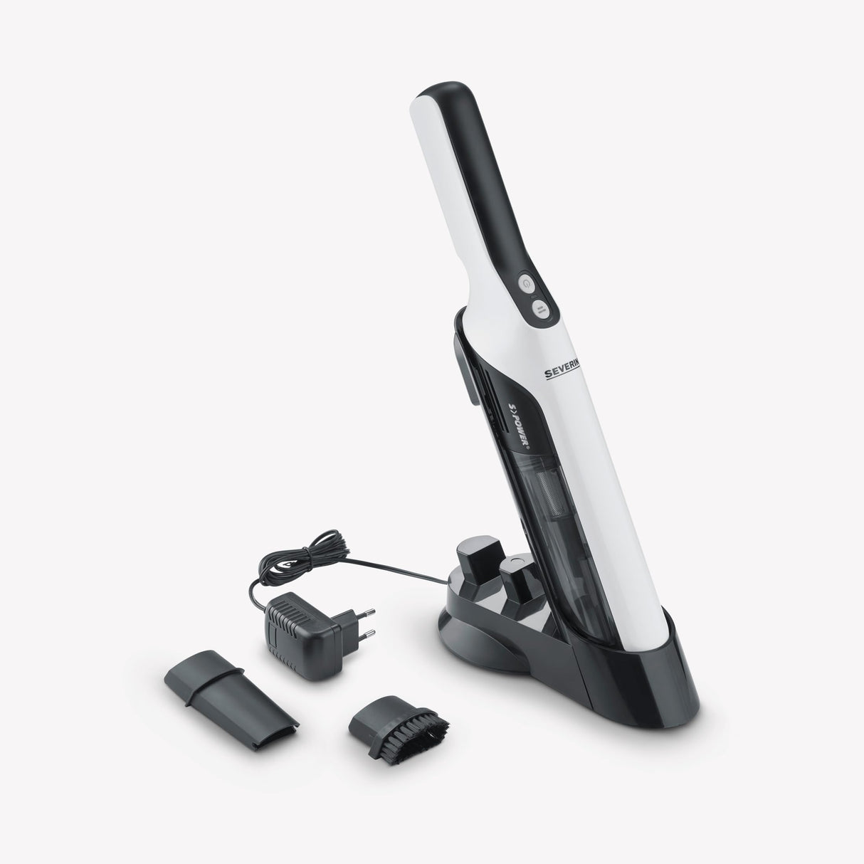 SEVERIN Aspiradora de mano sin cable, aspirador silencioso para pelos con accesorio para muebles y teclados, aspirador pequeño con batería hasta 30 min, blanco/negro mate, HV 7140