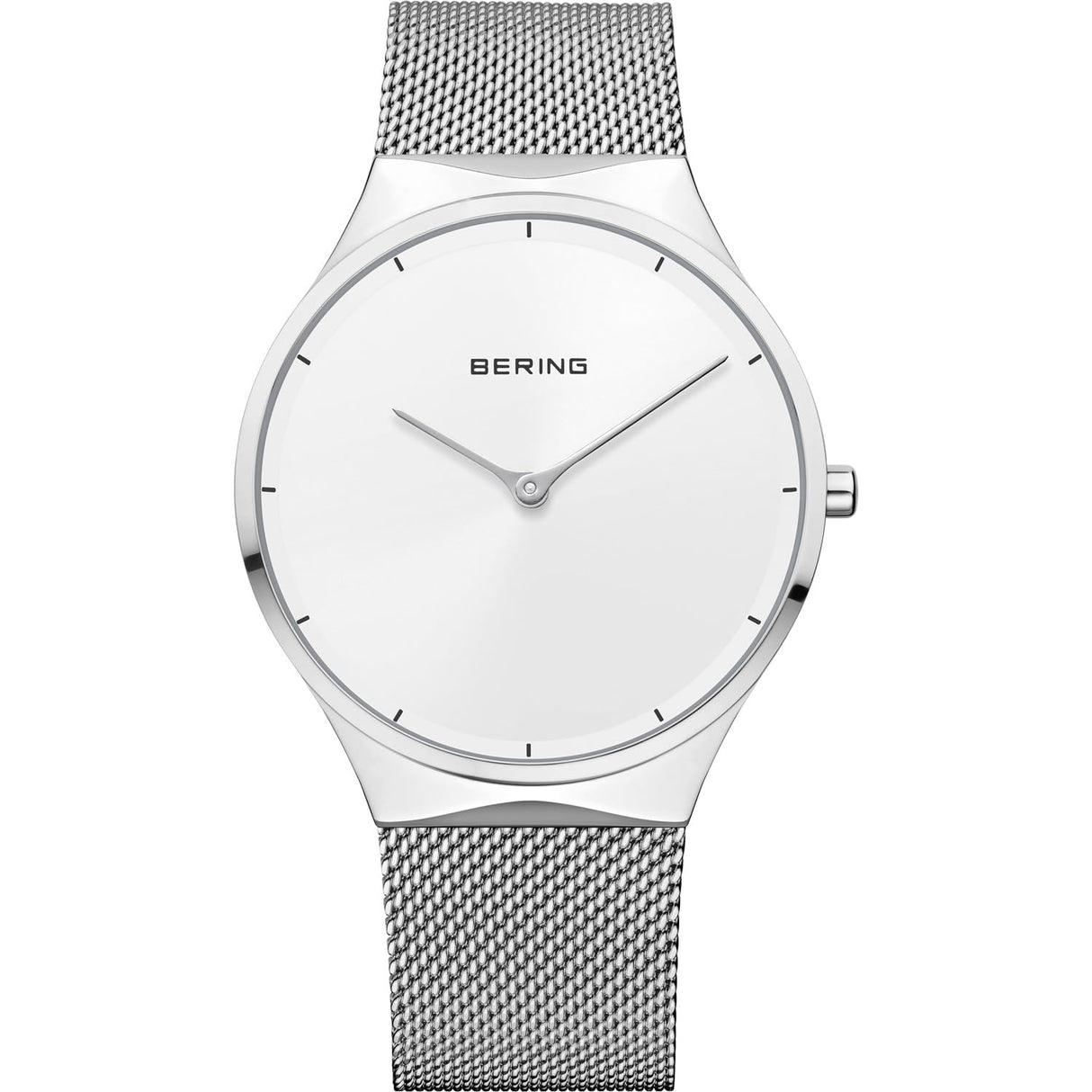 BERING 12138-004 Reloj de Cuarzo Unisex con Caja de Acero Inoxidable Plateado de 38 mm y Esfera Blanca, Correa milanesa, Cristal de Zafiro y Resistencia al Agua de 3 ATM