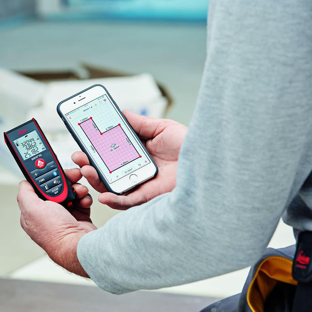 Leica DISTO D2: Medidor láser de distancia multifuncional con Bluetooth (se conecta a aplicaciones) para mediciones de distancia, área y volumen (uso en interiores y detección automática de extremo)