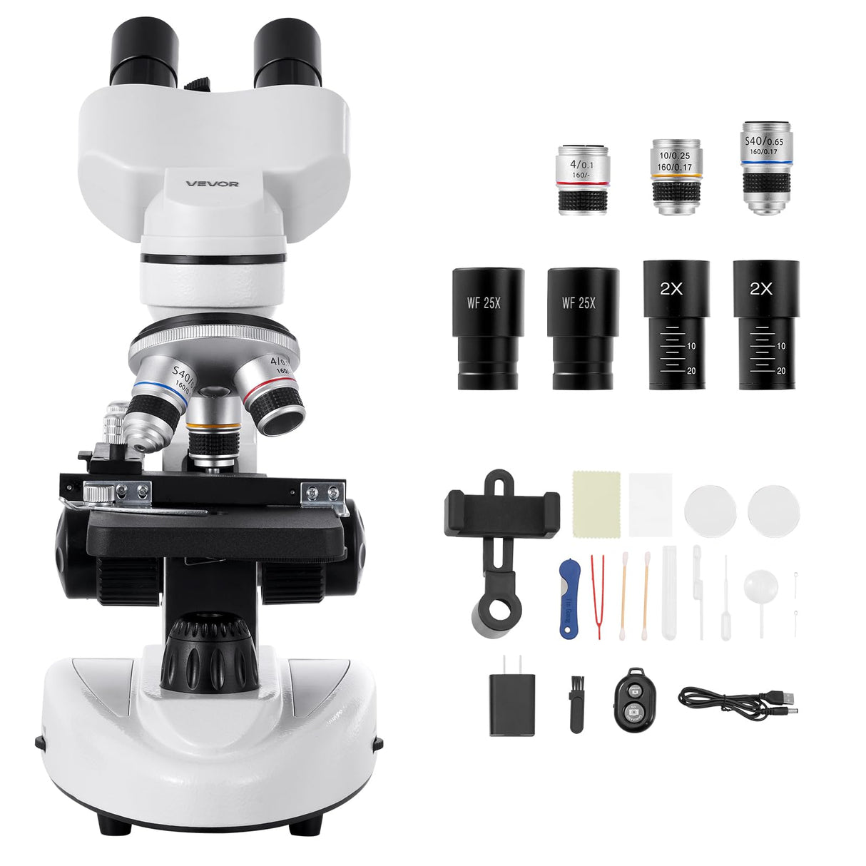 VEVOR Microscopio Compuesto con Aumento de 40-2000X Kit de Microscopio Binocular Cuerpo de Aleación de Aluminio, Luz LED, Soporte para Teléfono, para Estudiantes, Laboratorios, Escuelas, Hogar