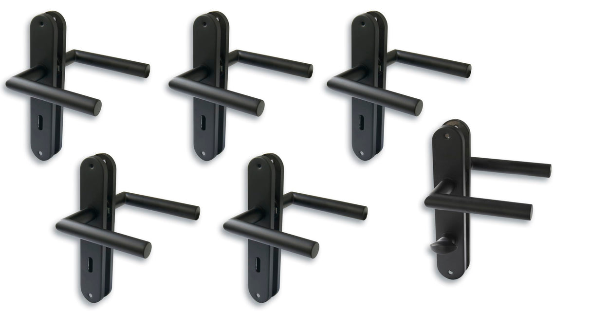 Juego de 6 placas largas para puerta de acero inoxidable negro para 5 puertas de habitación con perforación de barba y 1 puerta de baño y tirador de puerta