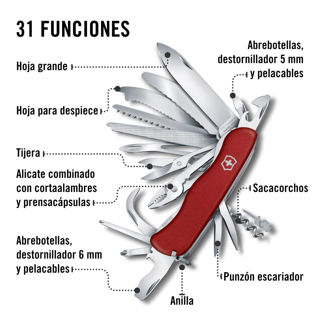 Victorinox Work Champ XL, Navaja Multiuso Suiza, Cuchillo bolsillo, Regalo, 31 Funciones, Hoja grande, Sacacorchos, Bloqueable