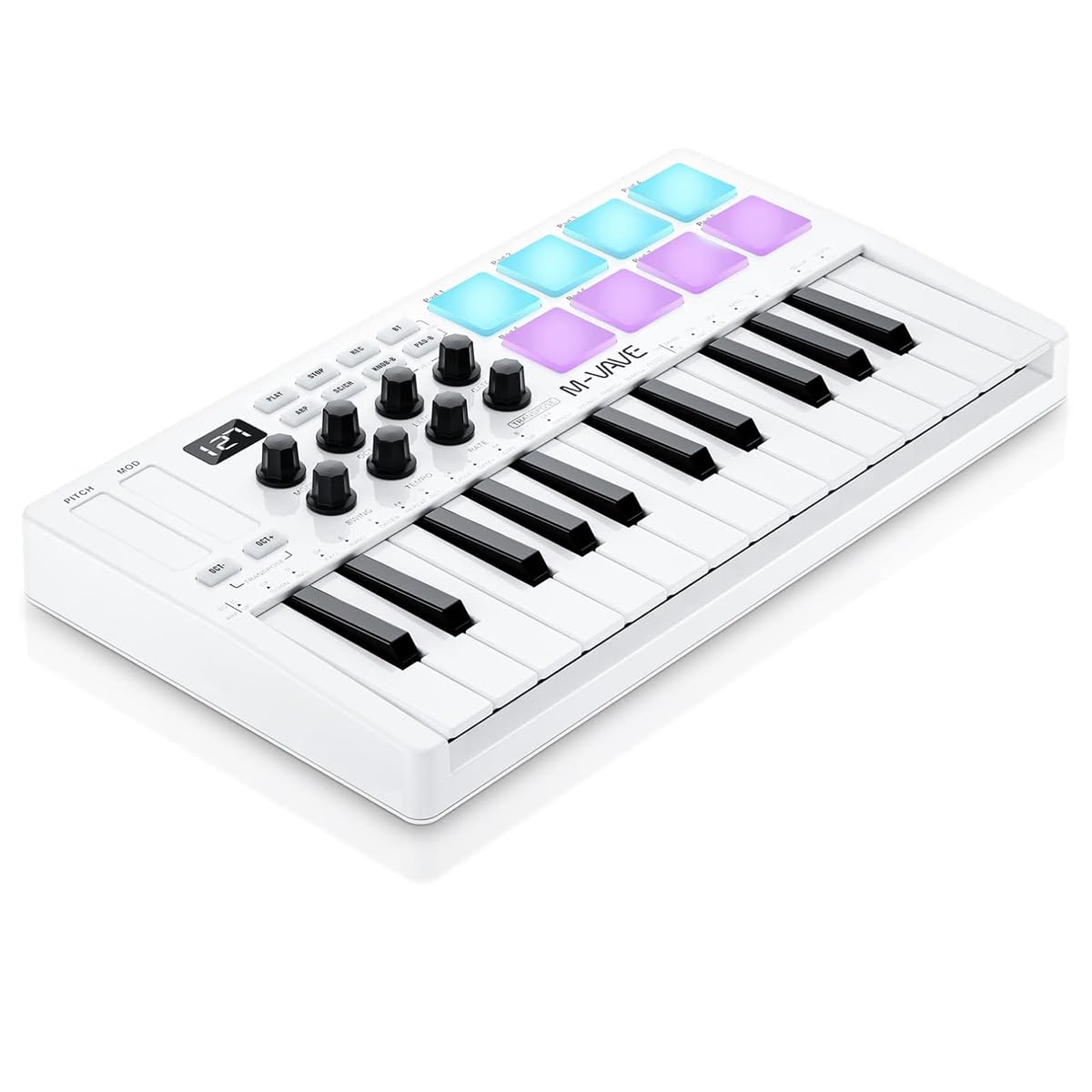 M-VAVE SMK-25 - Controlador de teclado MIDI USB de 25 teclas con 8 pads de batería retroiluminados, Bluetooth, teclas dinámicas profesionales, 8 perillas
