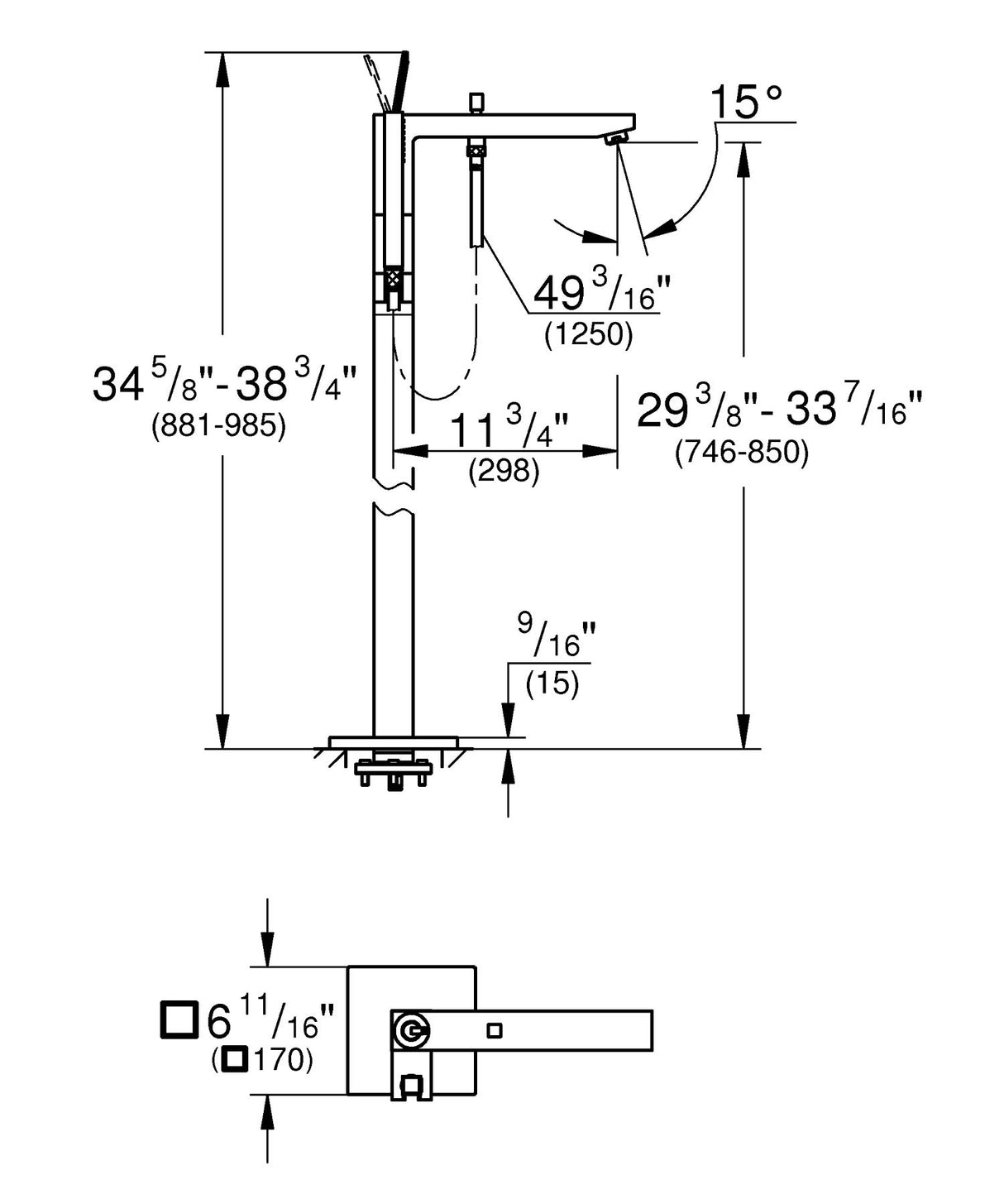 Grohe 23667001 23667001-Eurocube Joy Monomando para baño Ducha 1/2", Montado a Suelo,