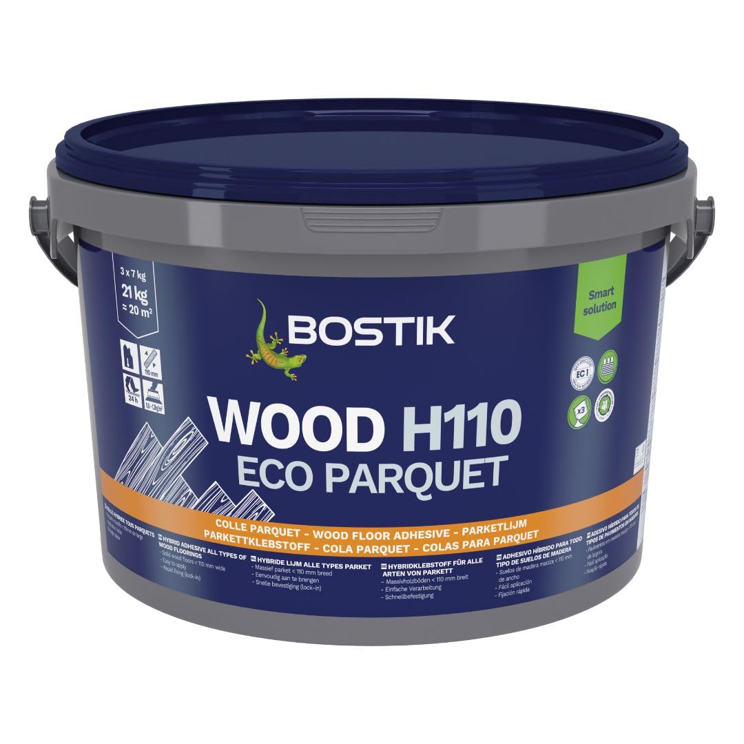 BOSTIK WOOD H110 ECO PARQUET Beige Adhesivo Híbrido para Todo Tipo de Parquets, Secado Rápido, Apertura al Tráfico en 24 h, Apto para Suelos Radiantes, Interior, Bote 21 kg (3 uds de 7 kg)