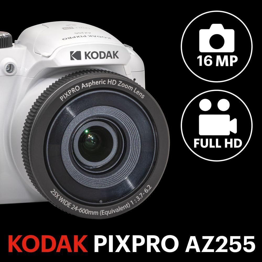 KODAK Pixpro Astro Zoom AZ255 + Tarjeta de Memoria SD de 32 GB – Cámara de Puente Digital de 16 MP, Zoom 25X, Video HD 1080p, Gran Angular de 24 mm, Pantalla LCD 3, Pila AA – Blanco