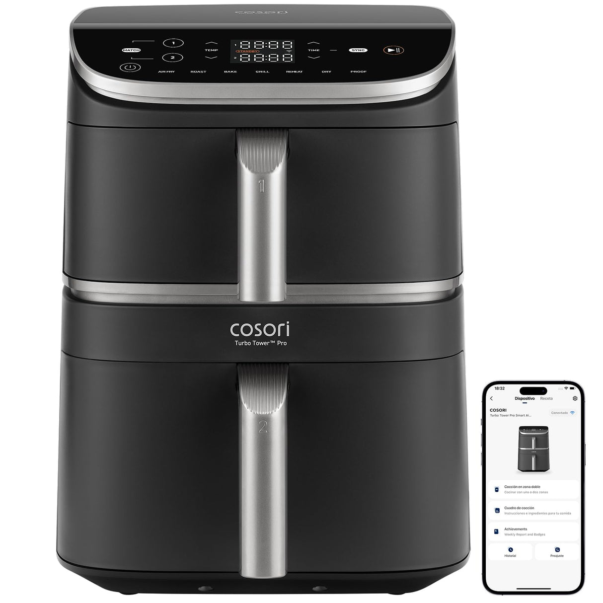 Cosori Turbo Tower Pro Smart Freidora de Aire 10.8L 2630W, Revestimiento Cerรกmico Seguro y Doble Cesta, Tecnologรญa Avanzada con Motor DC y Dual Blaze, Ahorro de Energรญa y Mรกs Rรกpida, 7 Funciones