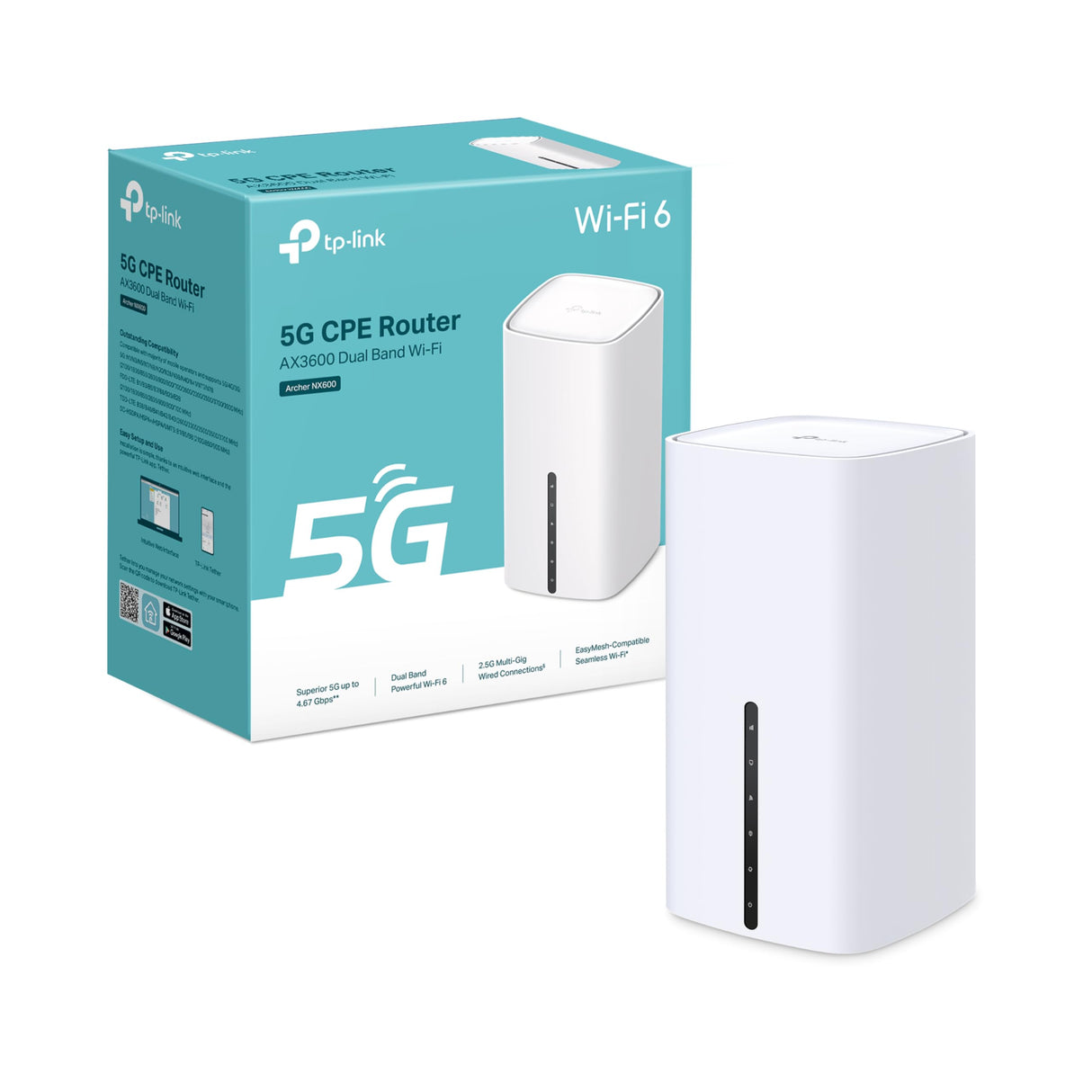 TP-Link Archer NX600 5G LTE Router WLAN, 5G Router Tarjeta SIM, AX3600 Dual Band Wi-Fi 6, 1 x Puerto 2,5G + 2 x Puertos 1G, gestión Web y App, Plug and Play