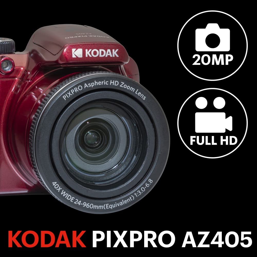 KODAK Pixpro Astro Zoom AZ405 - Cámara Digital Bridge, Zoom 40x, Gran Angular de 24 mm, 20 Megapíxeles, Pantalla LCD de 3", Video Full HD 1080p, Estabilización Óptica de Imagen (OIS), Pilas AA - Roja
