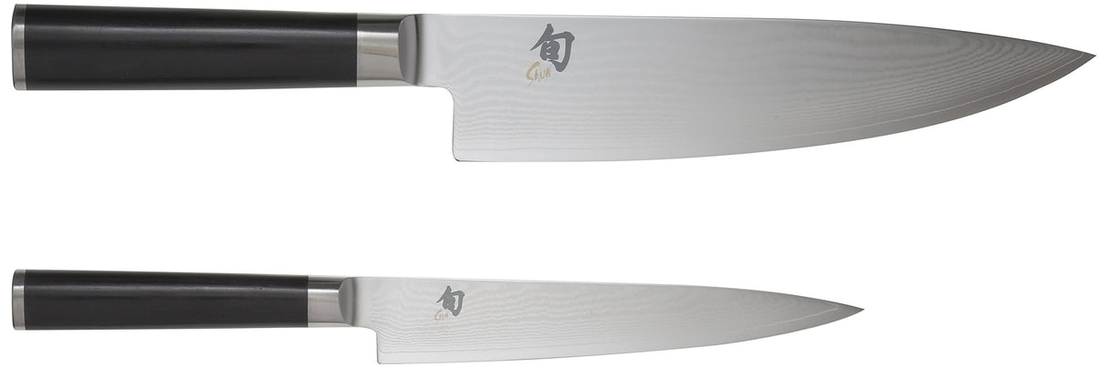 KAI Shun Classic Juego de cuchillos de chef japonés 2 piezas - Cuchillo de chef con hoja de 20 cm + Cuchillo multiusos con hoja de 15 cm - Cuchillo de Damasco de 32 capas con núcleo VG MAX - 61 HRC