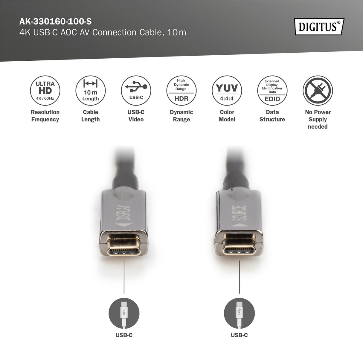 DIGITUS USB-C AOC Cable de conexión AV de fibra óptica híbrida - USB 3.1 - Displayport 1.2 - DP Alt-Mode - Plug&Play - Cable de audio/vídeo - 10m - negro