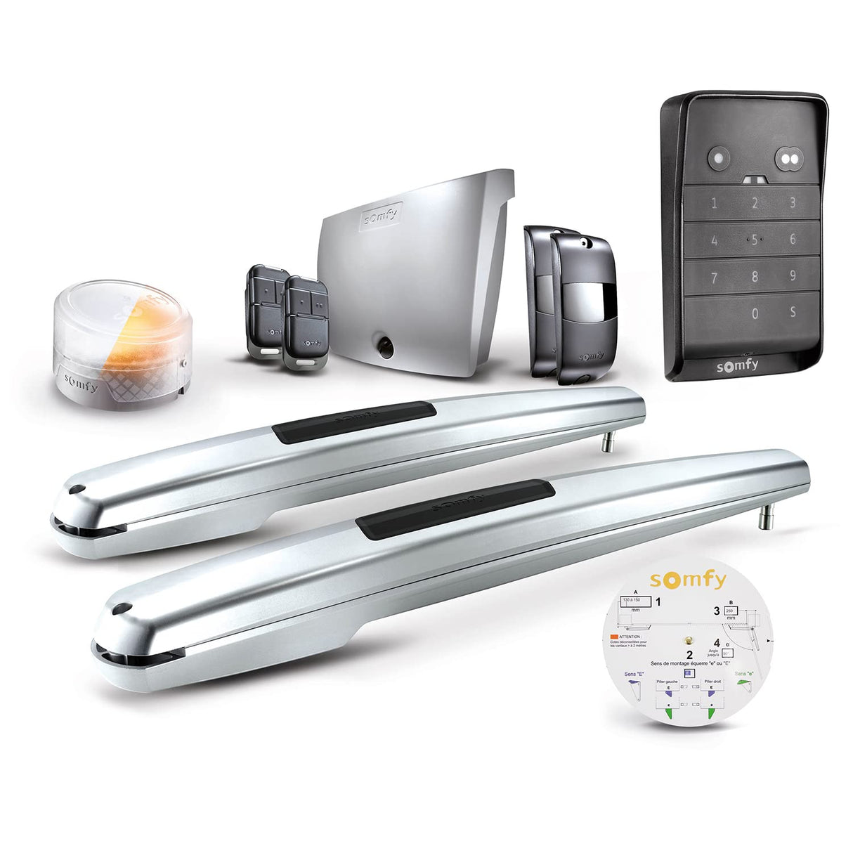 somfy 1245531 - Motor para cancela batiente Exavia Star, hojas altura max 2 m y ancho 2,5 m, Con 1 teclado codificado 2 RTS, 2 mandos a distancia Keypop, 1 luz intermitente y 2 fotocélulas Gris