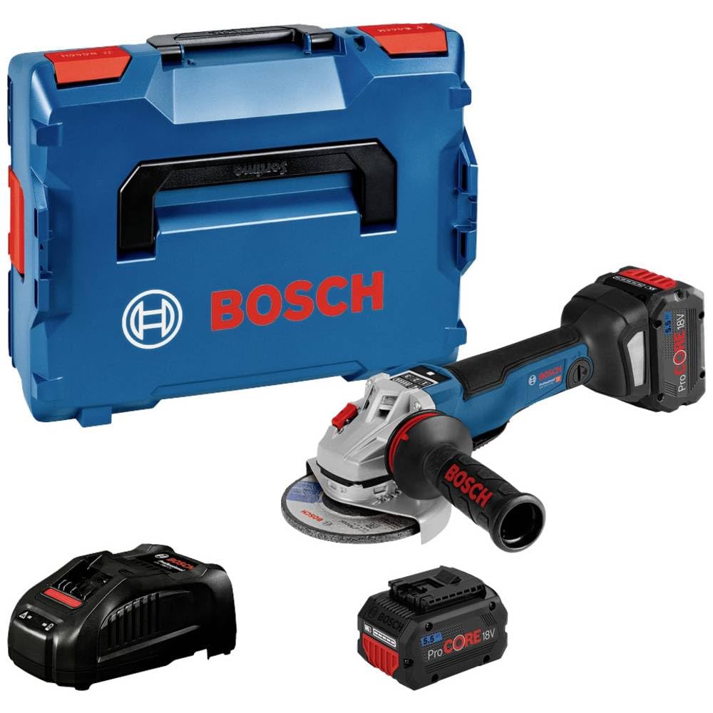 Bosch Professional 18V System GWS 18V-10 PSC - Amoladora angular a batería (Brushless, Ø 125 mm, vel. regulable 4500 - 9000 rpm, Connectivity, hombre muerto, 2 baterías ProCORE 5.5Ah, en L-BOXX)