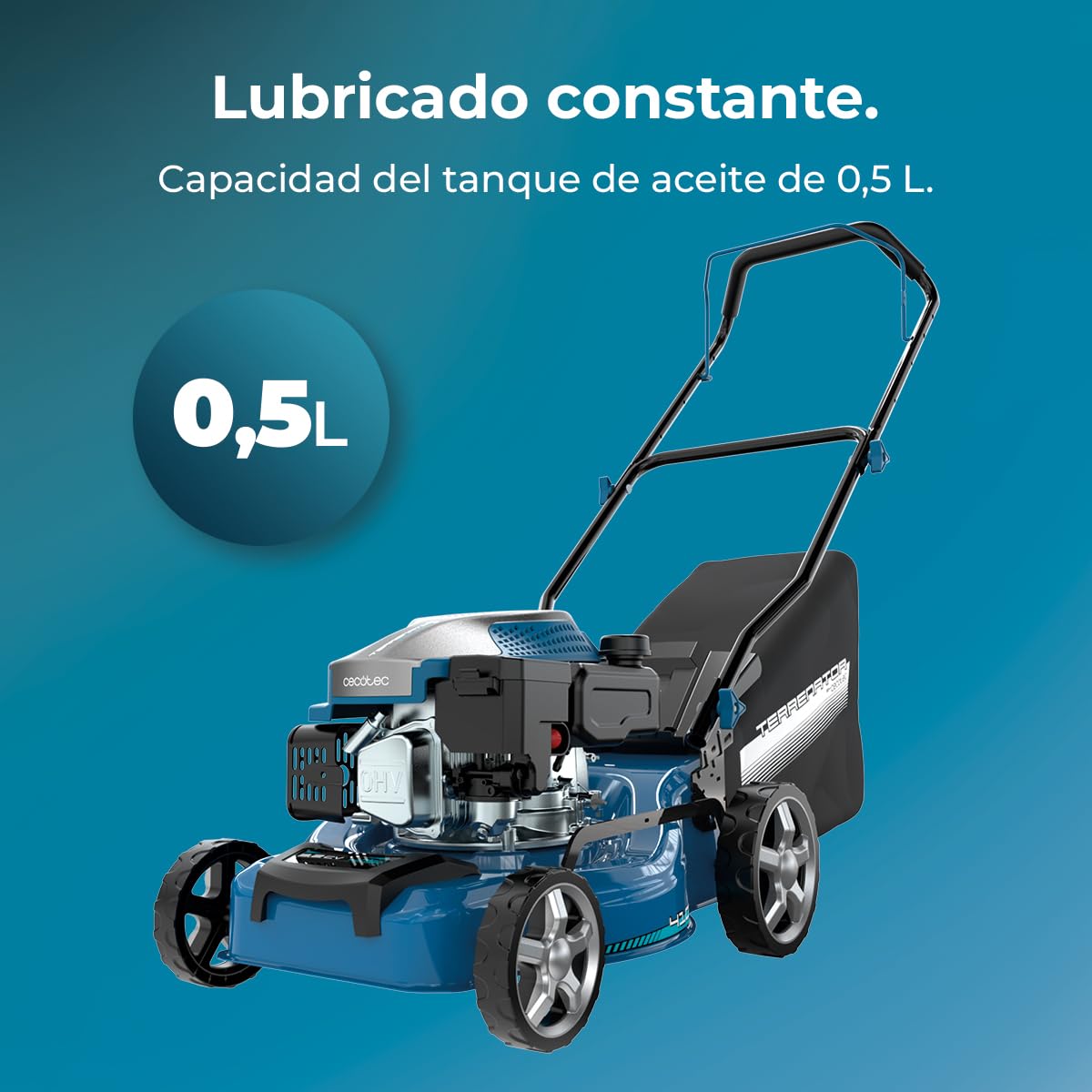 Cecotec Cortacésped de Gasolina Terrenator 2700.41 Total Z. Motor de 144cc, 2,4kW y 3,2CV, Cuerpo de Acero 41cm, Cambio de Altura Sistema Z-Tech, Corte, Recogida y Mulching, Ruedas Traseras XL