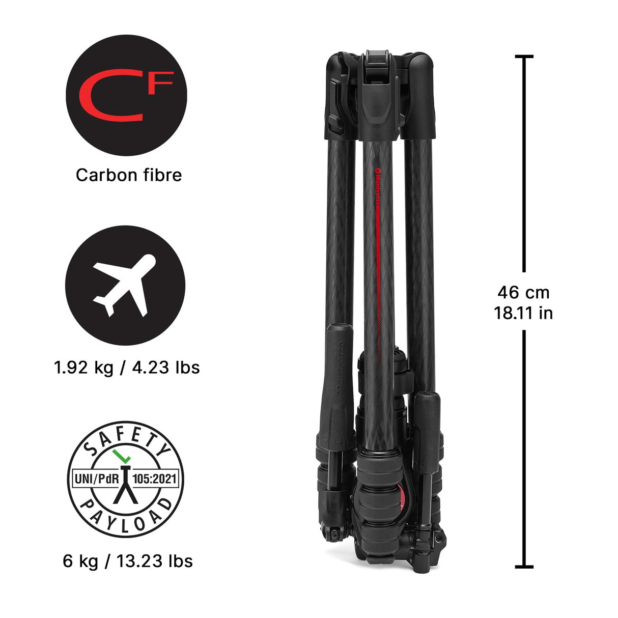Manfrotto Befree GT Pro - Trípode de Viaje de Fibra de Carbono de 4 Secciones con Cabezal de Giro e inclinación de 3 vías, Color Negro