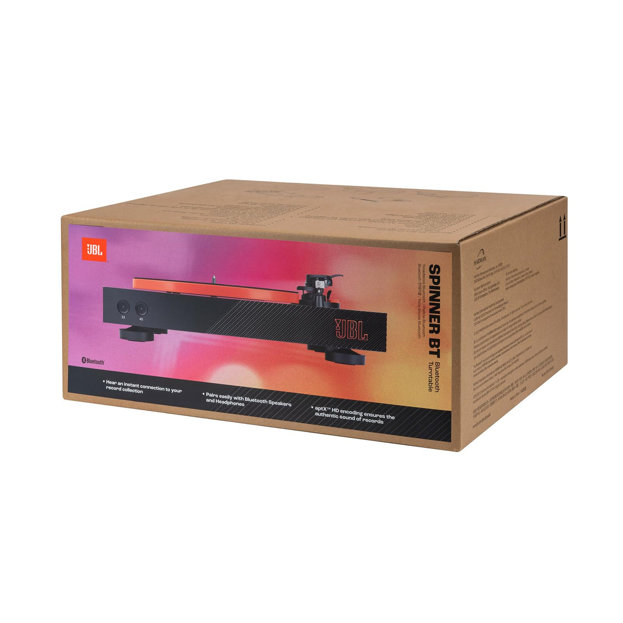 JBL Spinner BT, Tocadiscos Bluetooth con AptX-HD, cabezal extraíble, plato de aluminio y transmisión por correa, cartucho magnético móvil preinstalado, en negro y naranja