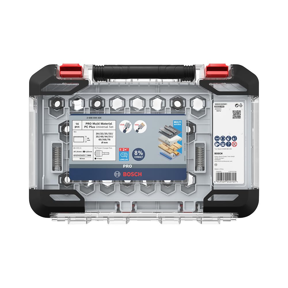 Bosch Juego de 14 sierras perforadoras Pro Multi Material Power Change Plus, estuche transparente para madera blanda, paneles de yeso, diámetro de 20 a 76mm, accesorio profesional, Versión actual